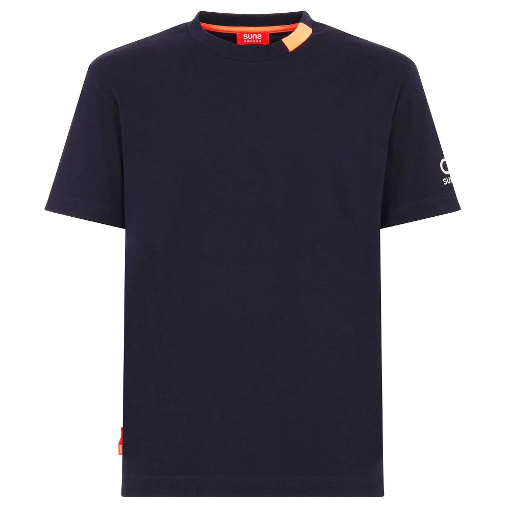 Suns Blue Cotton T-Shirt in dark blue stretch technical fabric with paolo tag, front view