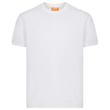 Suns White Cotton T-Shirt with crew neck and elasticated sleeves showcasing logo on left sleeve.