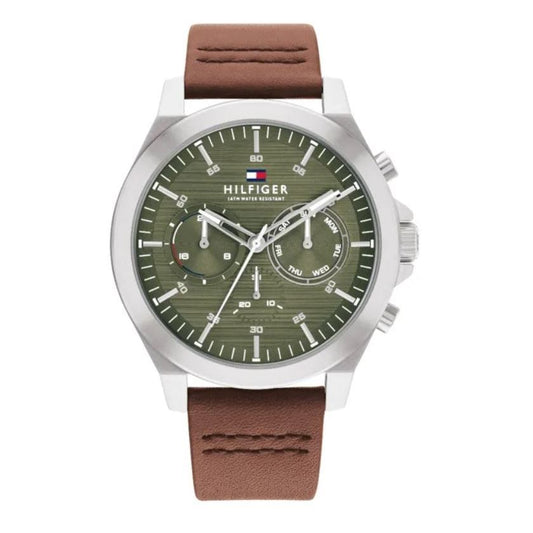 TOMMY HILFIGER Mod. 1710522 gent's quartz analog watch, water resistant 5 ATM, 46mm mineral dial, brown bracelet, official box included.