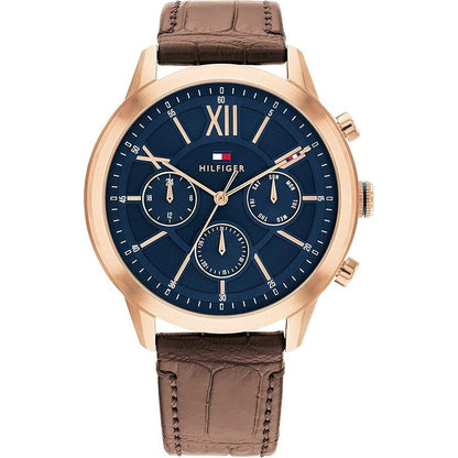 TOMMY HILFIGER Mod. 1710526 gent quartz analog watch, 44mm case, mineral dial, brown bracelet, water resistant 5 ATM, official box.