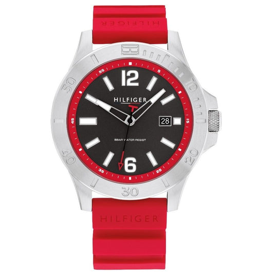TOMMY HILFIGER Mod. 1710540 gent's quartz analog watch with 46mm case, mineral dial, red bracelet, and 5 ATM water resistance.