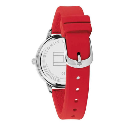 Back view of TOMMY HILFIGER Mod. 1782561 watch with red strap and stainless steel case, showcasing elegant design and quartz movement.
