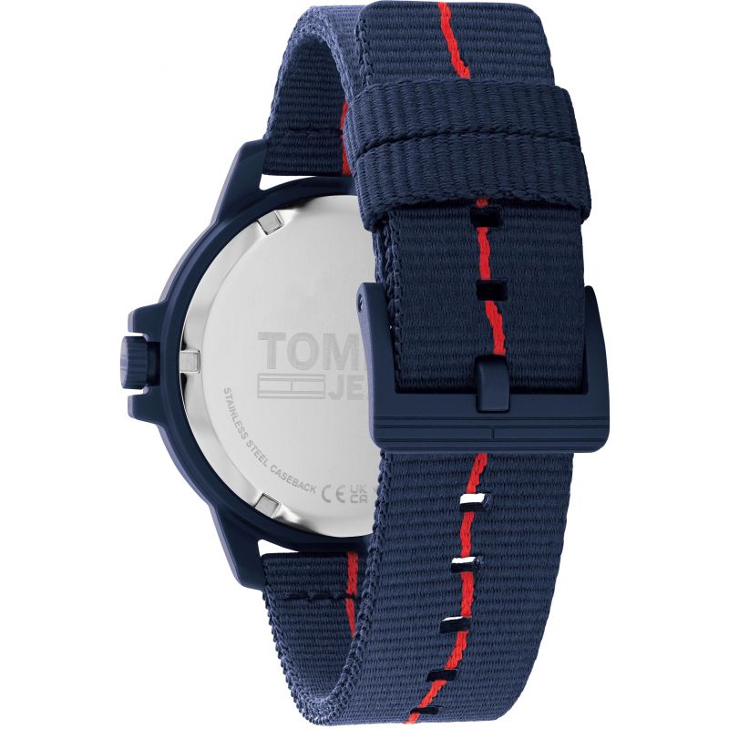 TOMMY HILFIGER Mod. 1791997 men's quartz watch back view with blue strap, multi-function dial, 3 ATM water resistance, official packaging.