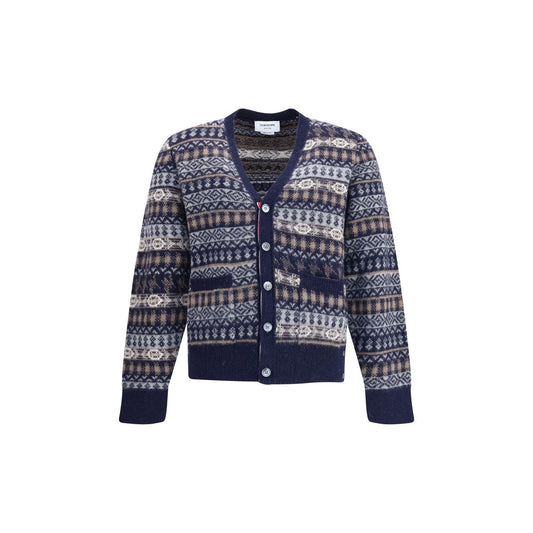 Thom Browne Blue Wool Cardigan with Fair Isle print, V-neck, and button closure, conveying elegance and timeless appeal, AW25 collection.