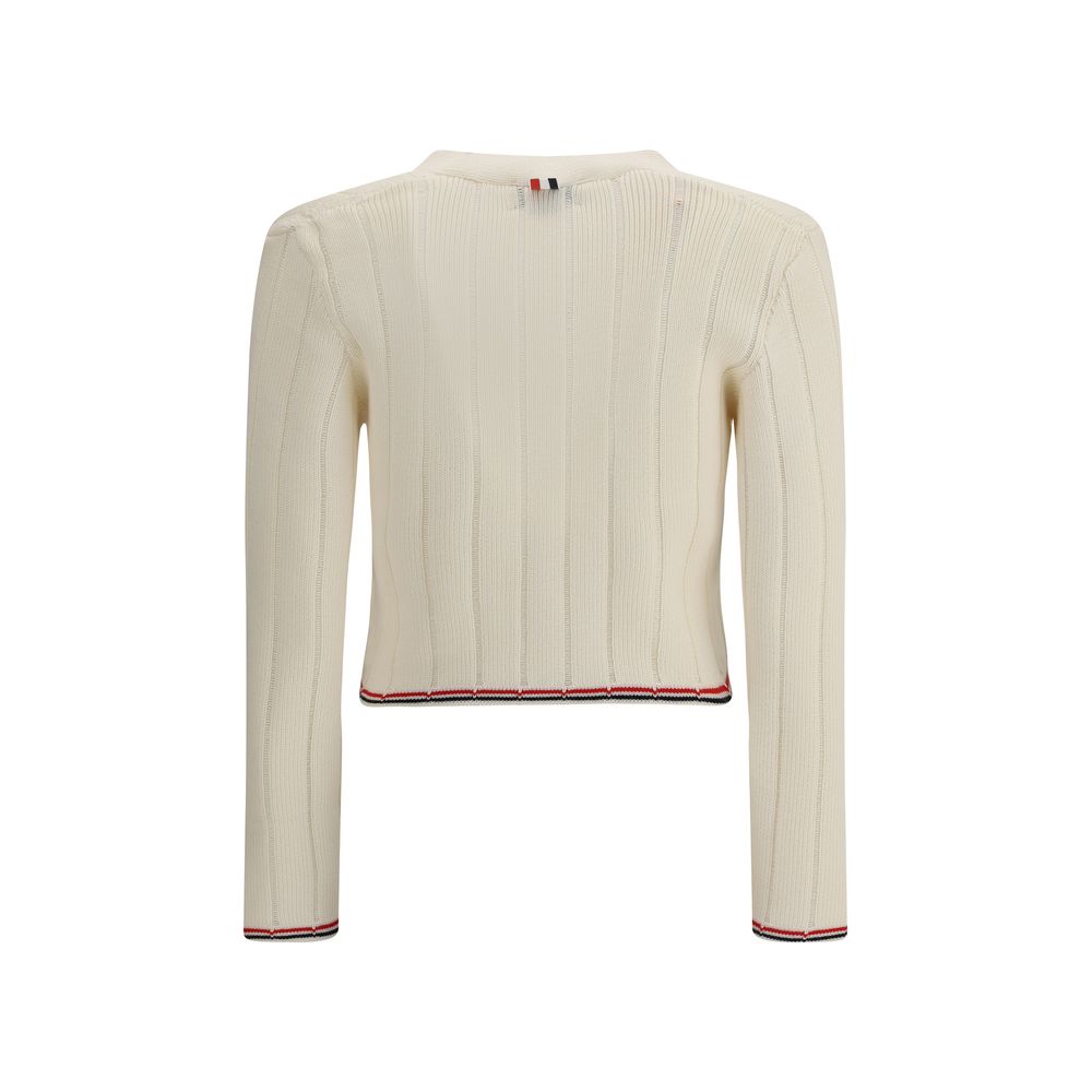 Back view of Thom Browne Cream Fleece Wool Cardigan with ribbed design and iconic colored bands on hem and cuffs, AW25 fashion.
