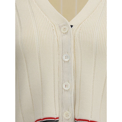 Thom Browne Cream Fleece Wool Cardigan featuring V-neck, button closure, and iconic colored bands with ribbed design for AW25.