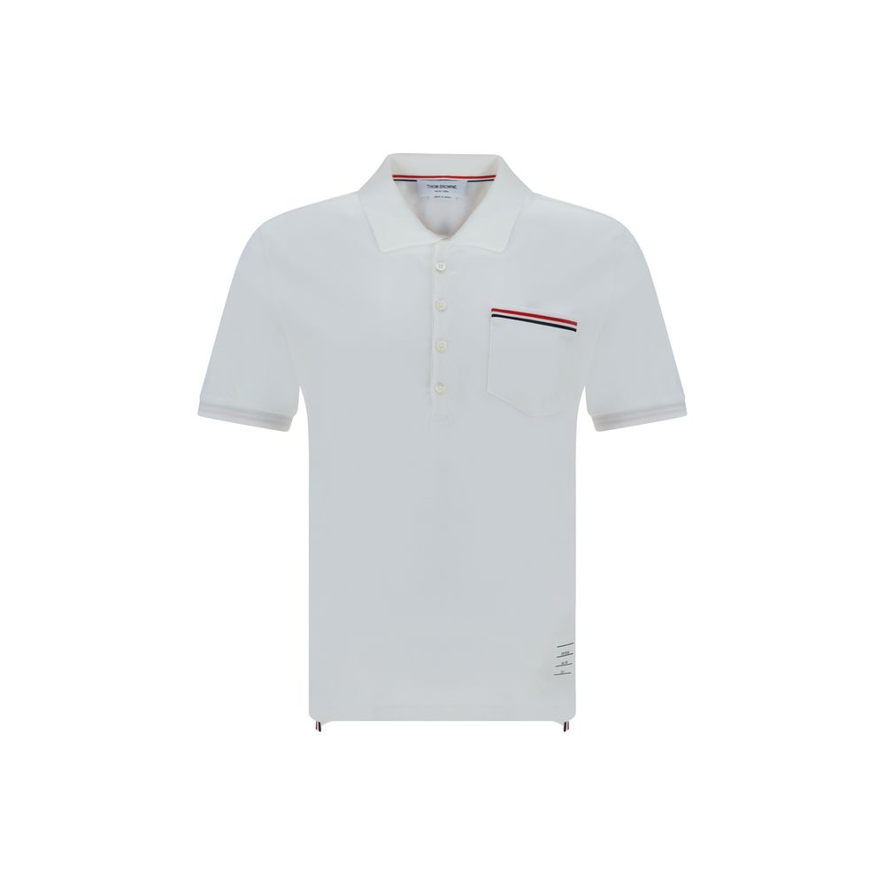 Thom Browne Short Sleeves Polo Shirt with classic collar and patch pocket, featuring iconic contrasting bands for elegant style.