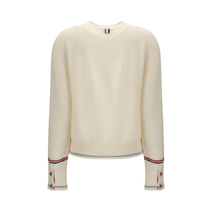 Thom Browne White Fleece Wool Sweatshirt with tricolor sleeve bands and pointelle work, showcasing ribbed neck, cuffs, and hem.