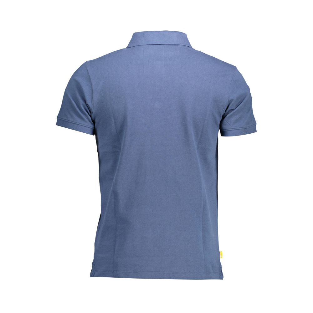 Back view of Timberland Blue Cotton Men Polo Shirt, showcasing the classic design and short sleeves, perfect for smart-casual outfits.