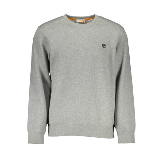 Timberland Gray Cotton Men Sweater with crew neck and Timberland logo, crafted from organic cotton for modern style and sustainability.