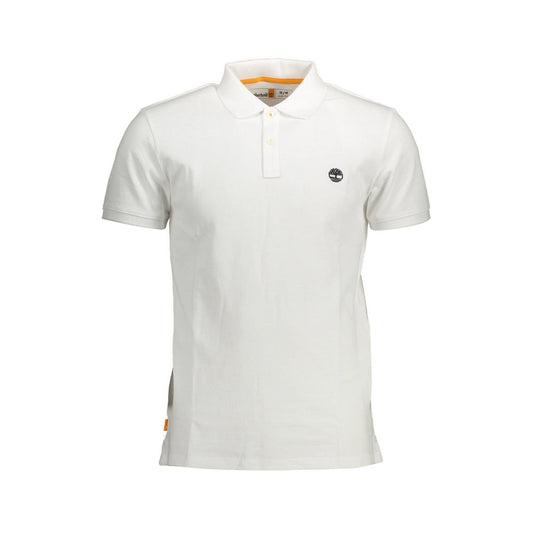 Timberland White Cotton Men Polo Shirt with embroidered logo, slim fit design, short sleeves, and two-button placket.
