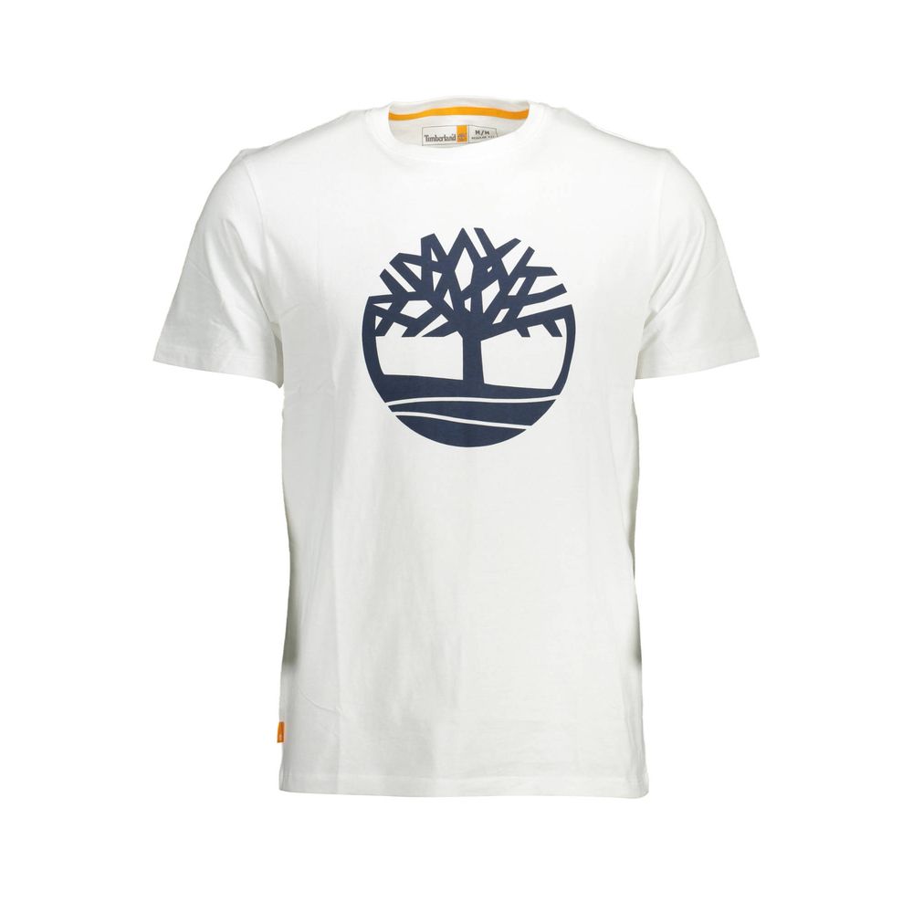 Timberland White Cotton Men T-Shirt with iconic logo and crew neck design, made from 100% organic cotton for casual luxury and eco-conscious fashion.