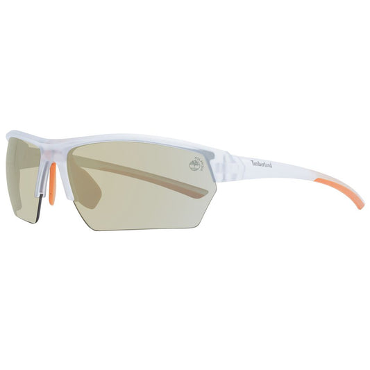Timberland White Men Sunglass with polarized green mirrored lenses, half-rim white frame, 100% UVA & UVB protection, includes branded case.