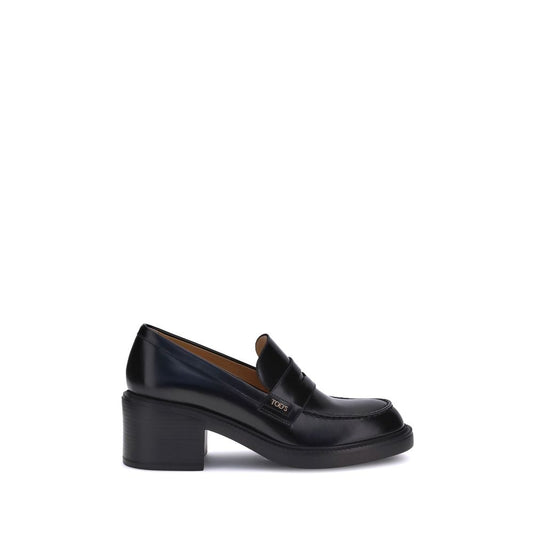 Alt Tag: Tod's Black Calf Leather Bos Taurus Platform Loafers with chunky heel, round toe, and elegant design, perfect for formal and casual wear.