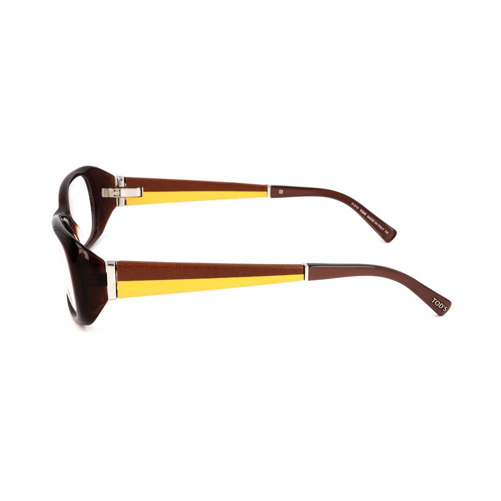 Side view of Tod's Brown Acetate Frames showing lens, bridge, and temple measurements, stylish design for women.