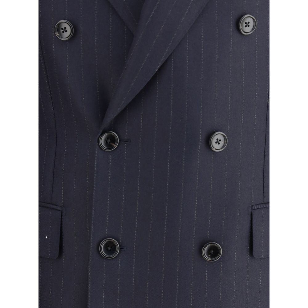 Close-up of Tom Ford Blue Wool Blazer with pinstripe design and double-breasted buttons.