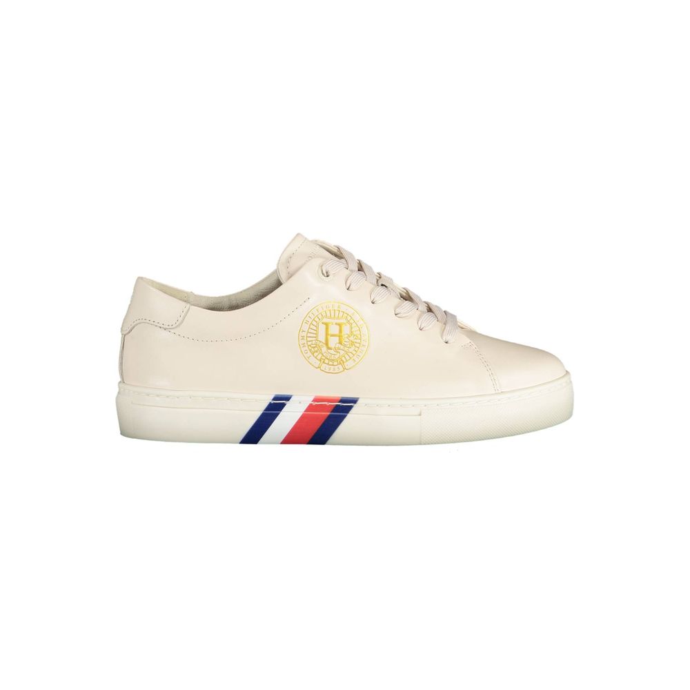 Tommy Hilfiger Beige Leather Women Sneaker with iconic logo and contrasting details