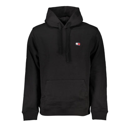 Tommy Hilfiger Black Cotton Men Sweater with Hood featuring a central pocket and logo on front.