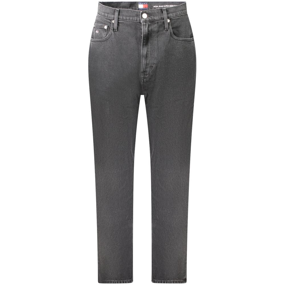 Tommy Hilfiger Black Cotton Women Jeans with logo, tapered fit, eco-friendly cotton, high waist, sleek design.