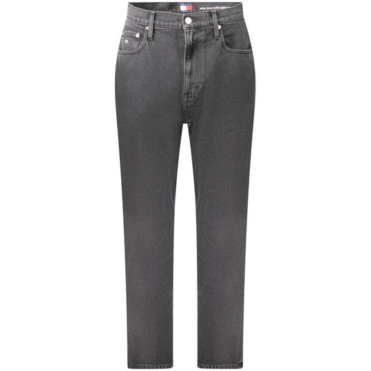 Tommy Hilfiger Black Cotton Women Jeans with logo, tapered fit, eco-friendly cotton, high waist, sleek design.