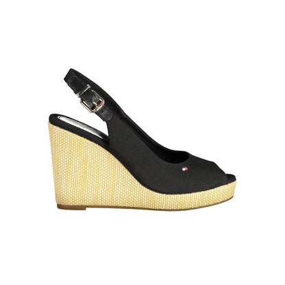 Tommy Hilfiger Black Cotton Women Sandal with 11cm wedge, buckle closure, and Hilfiger logo embroidery, showcasing chic comfort.