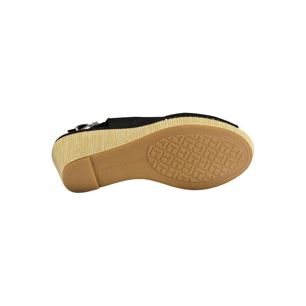 Tommy Hilfiger Black Cotton Women Sandal with durable sole and iconic logo, showcasing the wedge bottom design. Ideal for chic summer styling.