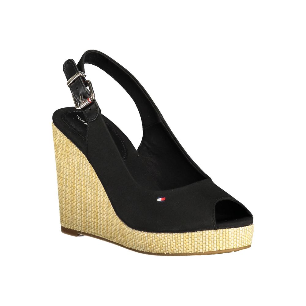 Tommy Hilfiger Black Cotton Women Sandal with 11cm wedge, buckle closure, and logo embroidery, stylish and comfortable footwear.