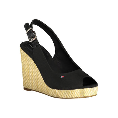 Tommy Hilfiger Black Cotton Women Sandal with 11cm wedge, buckle closure, and logo embroidery, stylish and comfortable footwear.