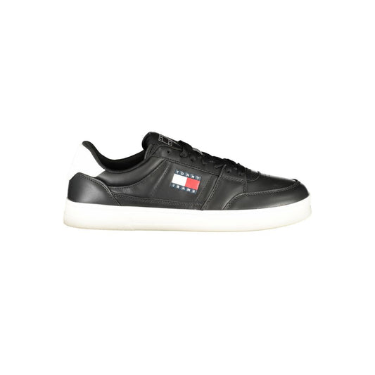 Tommy Hilfiger Black Leather Men Sneaker with white sole and logo emblem on side.