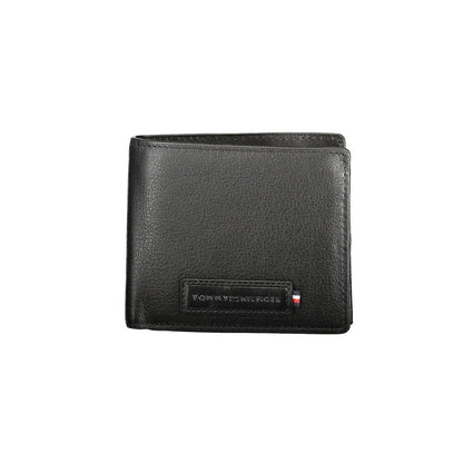 Tommy Hilfiger Black Leather Men Wallet with dual compartments and card slots, showcasing elegant and sleek design.