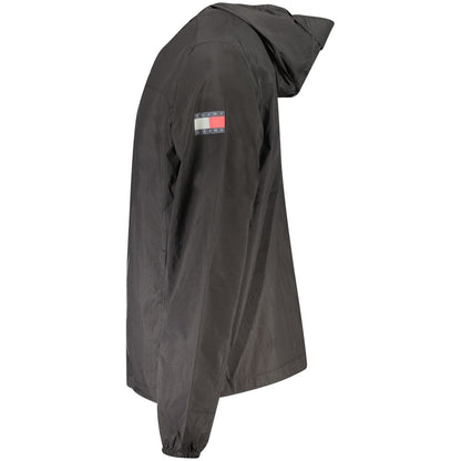 Tommy Hilfiger Black Polyamide Men Jacket with hood, featuring signature logo and sleek design.