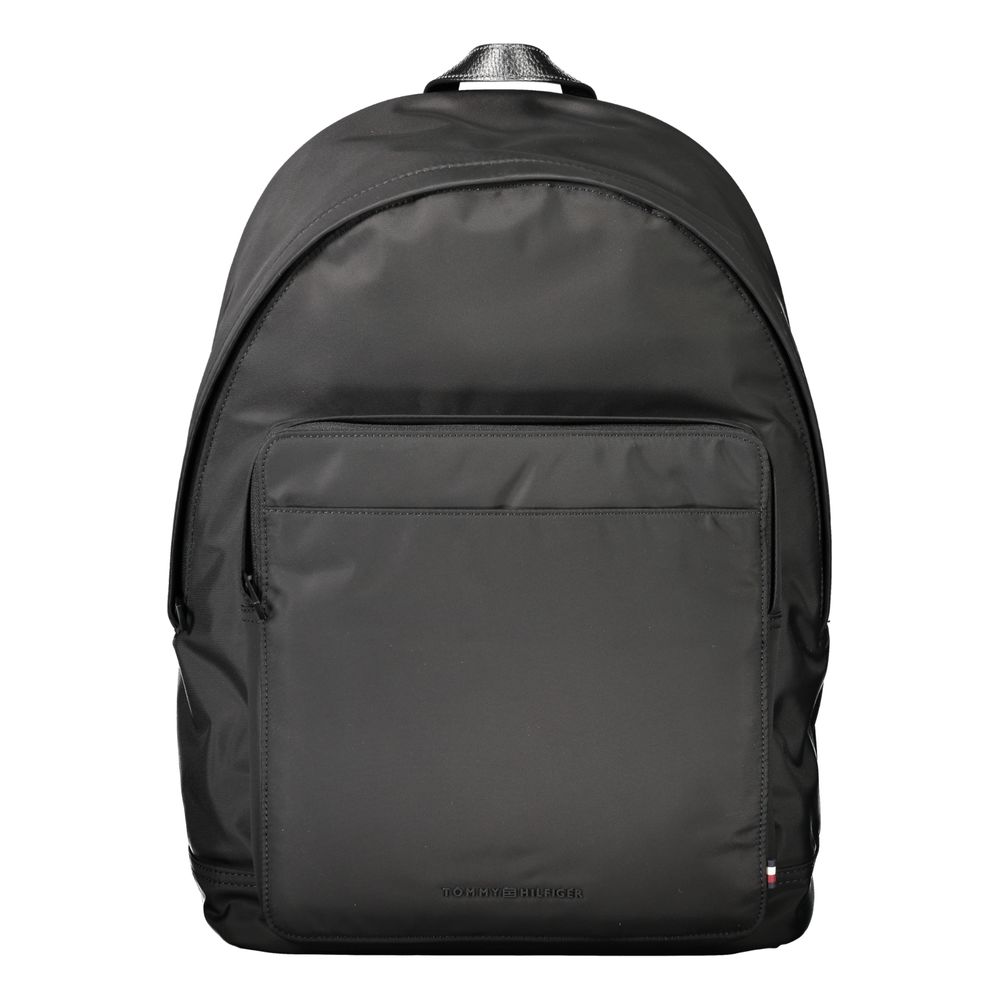 Tommy Hilfiger Black Polyester Backpack with handle, adjustable straps, pockets, laptop compartment, contrasting details, zip closure, logo.