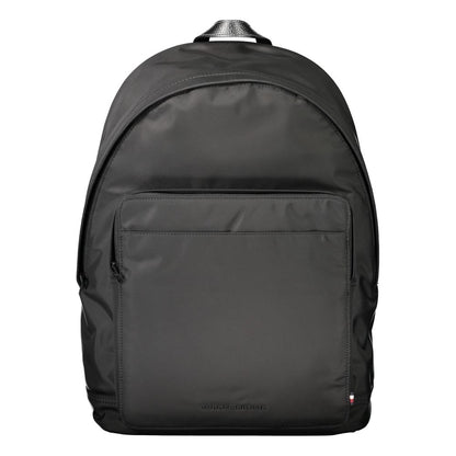 Tommy Hilfiger Black Polyester Backpack with handle, adjustable straps, pockets, laptop compartment, contrasting details, zip closure, logo.