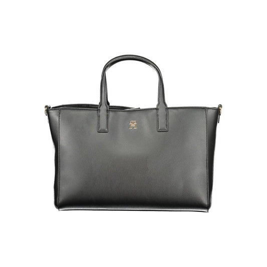 Tommy Hilfiger Black Polyester Women Handbag with eco-friendly design, two handles, and removable shoulder strap for versatility.