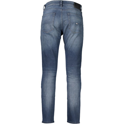 Back view of Tommy Hilfiger Blue Cotton Men Jeans showcasing slim tapered design and sustainable style.