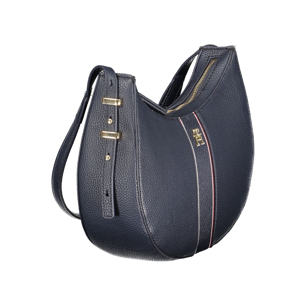 Tommy Hilfiger Blue Polyethylene Women Handbag with adjustable strap and zip closure, featuring bold contrasting details and logo.