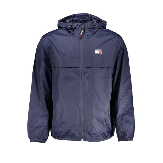 Tommy Hilfiger Blue Recycled Nylon Men Jacket with hood and logo, showcasing sustainable fashion in dark blue waterproof material.