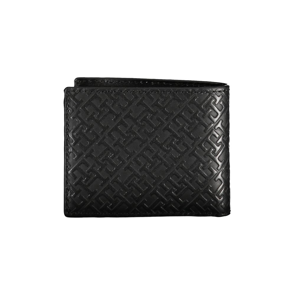 Tommy Hilfiger Elegant Leather Double Card Wallet in black with embossed pattern, offering sophistication and practical card spaces for modern men.