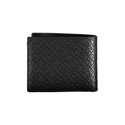 Tommy Hilfiger Elegant Leather Double Card Wallet in black with embossed pattern, offering sophistication and practical card spaces for modern men.