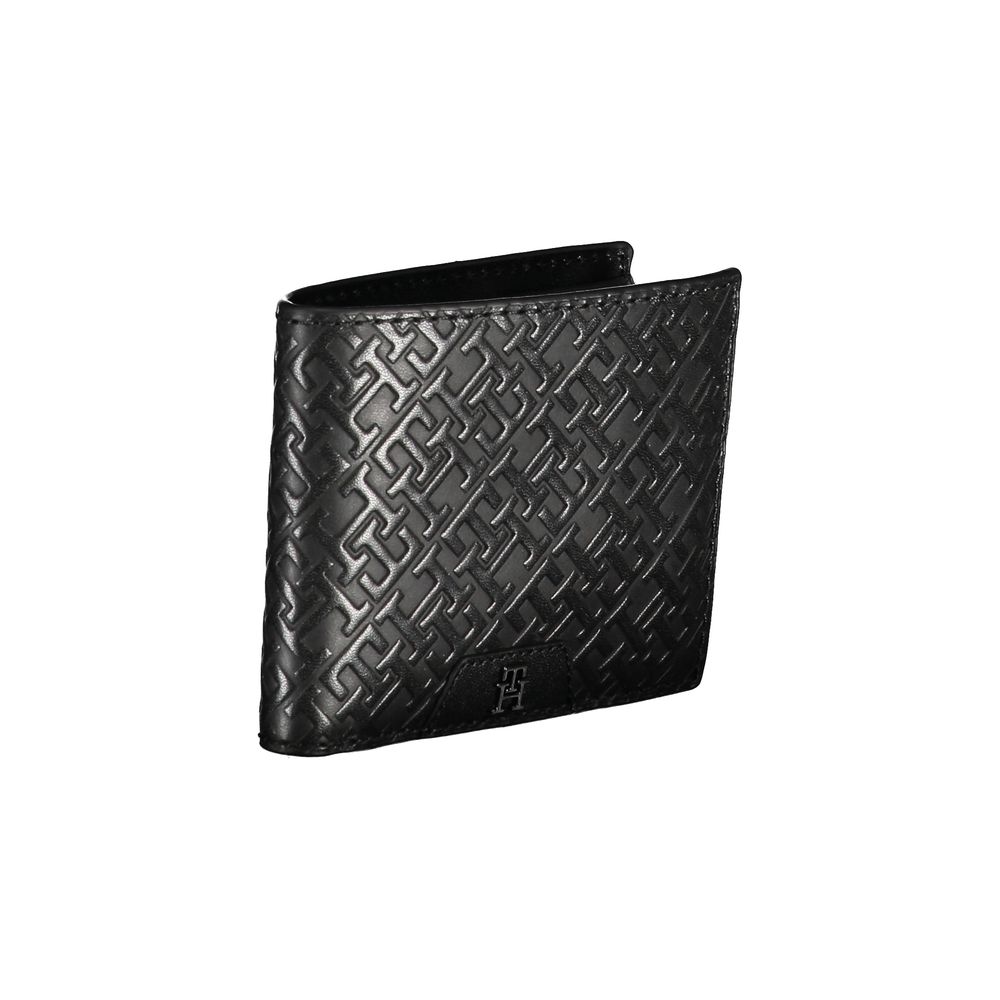 Tommy Hilfiger Elegant Leather Double Card Wallet in black with embossed pattern, showcasing stylish and practical design.