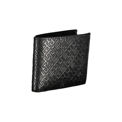 Tommy Hilfiger Elegant Leather Double Card Wallet in black with embossed pattern, showcasing stylish and practical design.