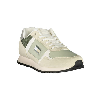 Tommy Hilfiger Green Polyester Men Sneaker featuring a stylish design with contrasting details. Iconic logo displayed. Perfect for trendsetters.