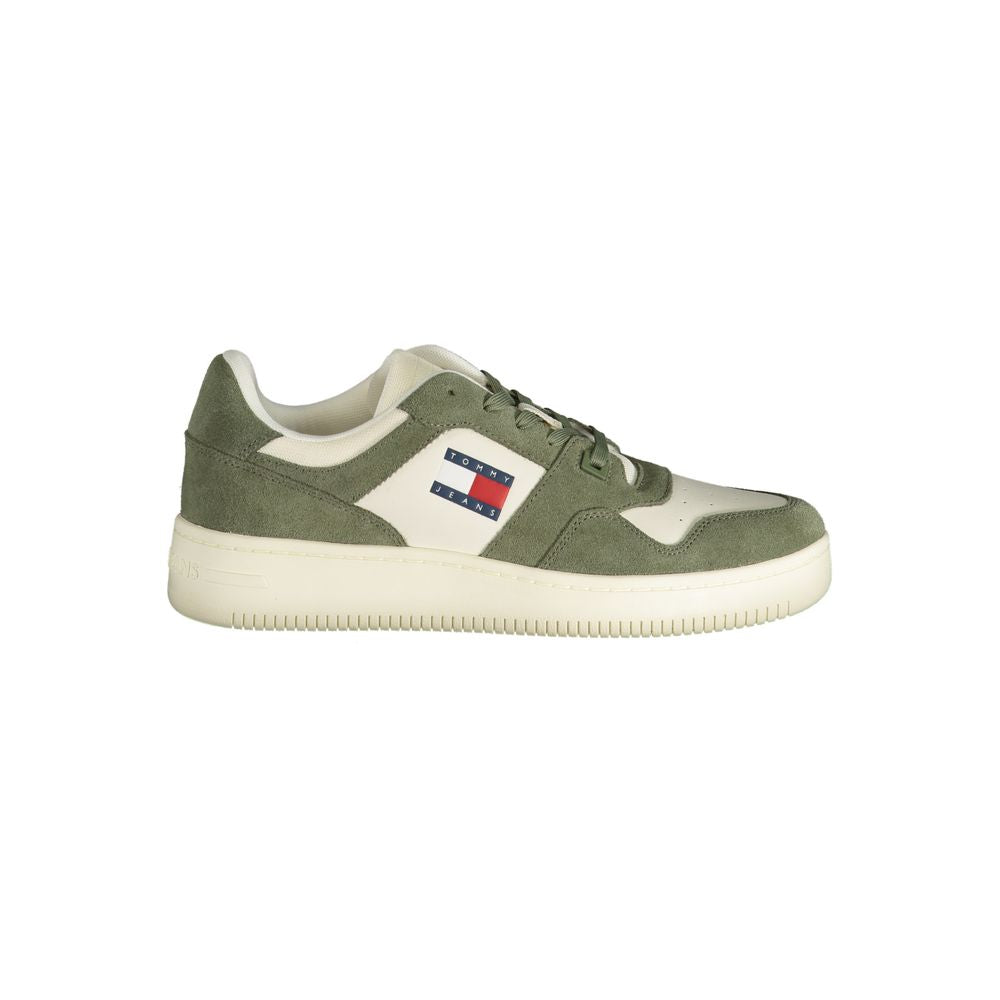 Tommy Hilfiger Green Polyester Sneaker with logo, sports footwear, featuring lace-up design and contrast details.