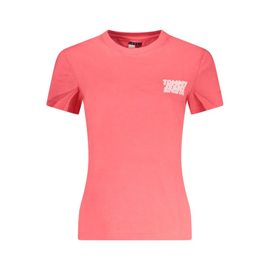 Tommy Hilfiger Pink Cotton Women T-Shirt with logo embroidery, short sleeves, and sustainable materials.