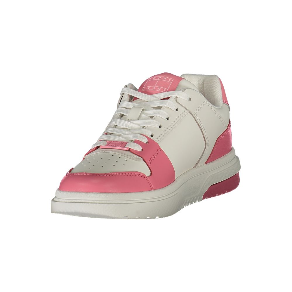 Tommy Hilfiger Pink Leather Women Sneaker with removable footbed, showcasing vibrant style and comfort for trendsetting fashionistas.