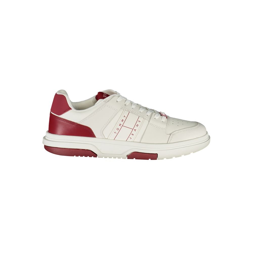 Tommy Hilfiger Red Leather Men Sneaker with contrasting accents and iconic logo, perfect for fashion-forward style and comfort.