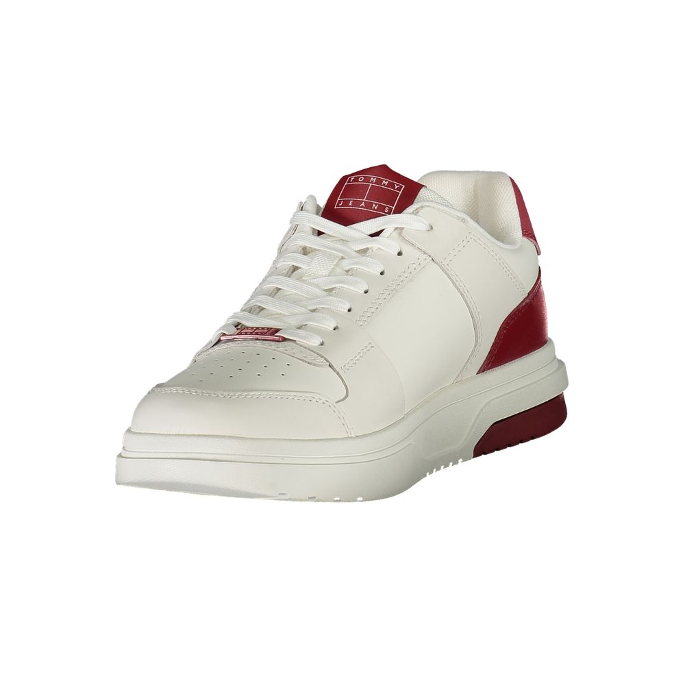 Tommy Hilfiger Red Leather Men Sneaker with contrasting elements and iconic logo, perfect for fashion-forward casual style.