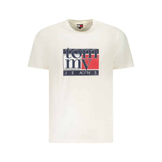 Tommy Hilfiger White Cotton Men T-Shirt with bold print and iconic logo, made from 95% regenerative cotton for sustainable style.