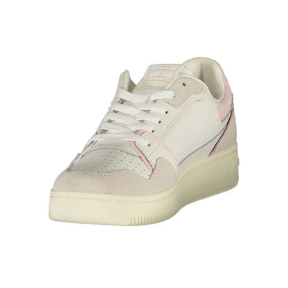Tommy Hilfiger White Leather Women Sneaker with pink accents, showcasing trendy design and comfort, perfect for fashion-forward individuals.
