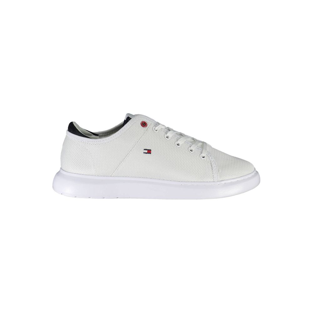 Tommy Hilfiger White Polyester Sneaker with laces and contrasting details on a white background, featuring logo and recycled materials.